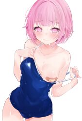 1girl areola_slip bandaid bandaids_on_nipples bare_shoulders blue_one-piece_swimsuit blush bob_cut breasts closed_mouth collarbone commentary_request fingernails genmai_komeko gluteal_fold highres looking_at_viewer medium_hair nervous one-piece_swimsuit one_breast_out ootori_emu pasties pink_eyes pink_hair pink_nails project_sekai school_swimsuit simple_background solo strap_pull swimsuit thighs wet white_background