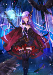 Rule 34 | 1girl, bird, book, breasts, cape, cleavage, crow, elbow gloves, gloves, jewelry, long hair, magic circle, original, purple hair, red eyes, revision, small breasts, solo, thighhighs, very long hair, wand, weed (astarone)