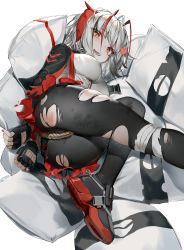 Rule 34 | 1girl, absurdres, antenna hair, arknights, bandaged leg, bandages, bdsm, black footwear, black gloves, black jacket, black pantyhose, bound, breasts, bruise, fingerless gloves, gloves, heart, highres, horns, injury, jacket, kentllaall, large breasts, looking at viewer, miniskirt, open clothes, open jacket, open mouth, orange eyes, pantyhose, pillow, restrained, rope, shirt, shoes, short hair, silver hair, skirt, smile, solo, torn clothes, torn pantyhose, w (arknights), white background, white shirt