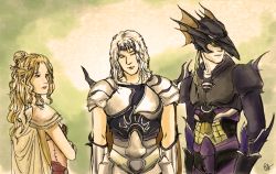 Rule 34 | 1990s (style), 1girl, 2boys, armor, belt, blonde hair, bodysuit, breastplate, buckle, cain highwind, cecil harvey, clenched hands, final fantasy, final fantasy iv, headband, helmet, long hair, looking at viewer, looking to the side, multiple boys, rosa farrell, silver hair, skin tight, spikes, wavy hair
