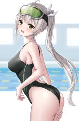 Rule 34 | 1girl, absurdres, ahoge, ass, black one-piece swimsuit, breasts, commission, competition swimsuit, cowboy shot, diving mask, diving mask on head, goggles, goggles on head, green eyes, grey hair, highleg, highleg swimsuit, highres, indie virtual youtuber, kotoha rimu, lane line, long hair, medium breasts, ncontrail (mgax7527), one-piece swimsuit, open mouth, pool, sideboob, skeb commission, solo, swimsuit, twintails, virtual youtuber