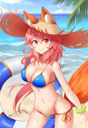 Rule 34 | 10s, 1girl, absurdres, animal ear fluff, animal ears, april cho, bad id, bad pixiv id, bikini, blue bikini, breasts, cleavage, day, ears through headwear, fate/extella, fate/extra, fate/grand order, fate (series), fox ears, fox tail, groin, hat, highres, innertube, large breasts, long hair, looking at viewer, navel, ocean, outdoors, palm tree, pink hair, side-tie bikini bottom, smile, solo, straw hat, swim ring, swimsuit, tail, tamamo (fate), tamamo no mae (swimsuit lancer) (fate), tree, yellow eyes