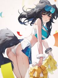 Rule 34 | 1girl, absurdres, animal ears, ass, black hair, blue archive, blue eyes, breasts, cheerleader, cowboy shot, crop top, dog ears, dog girl, dog tail, eyewear on head, floating hair, from behind, goggles, goggles on head, halo, hibiki (blue archive), hibiki (cheer squad) (blue archive), highres, holding, holding pom poms, josal, large breasts, leaning forward, long hair, midriff, millennium cheerleader outfit (blue archive), miniskirt, official alternate costume, open mouth, panties, pantyshot, pleated skirt, pom pom (cheerleading), pom poms, simple background, skirt, solo, sweat, tail, underwear, white background, white panties, white skirt