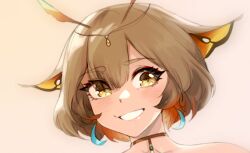 Rule 34 | 1girl, antennae, arthropod girl, commentary, crescent, crescent earrings, earrings, english commentary, indie virtual youtuber, insect girl, jewelry, looking at viewer, moth girl, parted lips, portrait, sanagi yuzu, short hair, smile, solo, teeth, thernz, virtual youtuber, yellow eyes