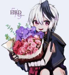 Rule 34 | 1girl, bandages, bandaged arm, bandages, bouquet, character name, dated, fingerless gloves, flower, flower (vocaloid), gloves, gomiyama, grey background, happy birthday, highres, holding, holding bouquet, jacket, leaning to the side, multicolored hair, open mouth, pink flower, purple eyes, purple flower, purple gloves, purple hair, purple jacket, red flower, short hair with long locks, sideways glance, sitting, sleeveless, sleeveless jacket, smile, solo, streaked hair, flower (vocaloid4), vocaloid, white hair