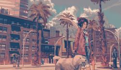 Rule 34 | 1boy, 3girls, belt, blue sky, building, cloud, cloudy sky, cropped legs, denim, dog, pet walking, fire hydrant, full body, glasses, horns, jacket, jeans, klegsart, long hair, long sleeves, multiple girls, open clothes, open jacket, original, outdoors, palm tree, pants, parted lips, pink jacket, scarf, sky, solo focus, tongue, tongue out, tree, walking, white dog, wide shot
