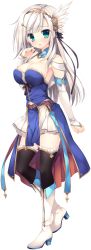 Rule 34 | 1girl, aqua eyes, blush, boots, breasts, bridal gauntlets, cleavage, full body, hair ornament, hair ribbon, haruoto alice gram, high heels, highres, kanzaki erisa, large breasts, long hair, looking at viewer, mitha, official art, plaid, plaid skirt, ribbon, skirt, standing, thighhighs, transparent background, white hair, winged hair ornament