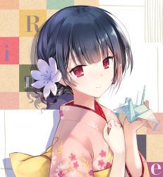 Rule 34 | 1girl, black hair, blush, bow, closed mouth, commentary request, floral print, flower, hair flower, hair ornament, hands up, holding, idolmaster, idolmaster shiny colors, japanese clothes, kimono, long sleeves, looking at viewer, looking to the side, morino rinze, obi, origami, paper crane, pink kimono, print kimono, purple flower, red eyes, rei (rei&#039;s room), sash, short hair, smile, solo, upper body, yellow bow