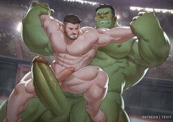 Rule 34 | 2boys, abs, absurdres, avengers (series), bara, black hair, bruce banner, colored skin, completely nude, erection, facial hair, green skin, highres, holding another&#039;s wrist, hulk, imminent penetration, large pectorals, looking at another, male focus, marvel, multiple boys, muscular, muscular male, navel, nipples, nude, patreon username, pectorals, penis, short hair, smile, sweat, teeth, testicles, tevit (tevit15), thick thighs, thighs, thor (marvel), yaoi
