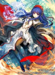 Rule 34 | 1girl, alternate costume, blue eyes, blue hair, book, boots, cape, copyright name, dress, elbow gloves, fire emblem, fire emblem: the binding blade, fire emblem cipher, gloves, hat, holding, holding book, image sample, jewelry, kawasumi mahiro, knee boots, lilina (fire emblem), long hair, looking at viewer, magic, matching hair/eyes, nintendo, pantyhose, smile, solo, white dress, white gloves