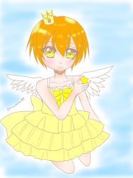 Rule 34 | 1girl, artist name, artist request, bare legs, bare shoulders, bow, bowtie, breasts, collarbone, crown, dress, female focus, green eyes, hair between eyes, highres, hoshizora rin, looking at viewer, love live!, love live! school idol project, mini crown, miniskirt, orange hair, parted lips, plaid, plaid dress, plaid skirt, pleated, pleated dress, pleated skirt, short hair, skirt, sleeveless, sleeveless dress, small breasts, smile, solo, star (symbol), white wings, wings, yellow bow, yellow dress, yellow eyes, yellow skirt
