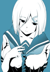 Rule 34 | 10s, 1girl, absurdres, anego (natsume), blue theme, breasts, commentary request, expressionless, hair between eyes, hamakaze (kancolle), highres, kantai collection, large breasts, monochrome, necktie, school uniform, serafuku, solo, uniform