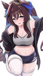 Rule 34 | 1girl, animal ears, arm up, armpits, bare shoulders, black jacket, blue eyes, blue shorts, breasts, bright pupils, brown hair, cleavage, cowboy shot, crop top, earrings, enumiyaa, grey shirt, grey shorts, hair ribbon, hat, highres, horse ears, horse girl, horse tail, jacket, jewelry, large breasts, leg up, long hair, looking at viewer, midriff, mole, mole under eye, multicolored hair, navel, off shoulder, open clothes, open jacket, open mouth, outstretched arm, ribbon, shirt, shoes, short shorts, shorts, skindentation, sleeveless, sleeveless shirt, smile, sneakers, solo, sports bra, standing, standing on one leg, stomach, streaked hair, tail, thighhighs, thighs, torn clothes, torn shorts, twintails, umamusume, very long hair, vivlos (umamusume), white hat, white thighhighs