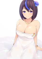 Rule 34 | 1girl, bare shoulders, black hair, blue eyes, blue flower, blue hair, blue rose, blush, bracelet, breasts, cleavage, commentary request, crescent, crescent pin, dress, flower, hair flower, hair ornament, highres, jewelry, kuavera, large breasts, looking at viewer, miyako (kuavera), mole, mole under mouth, multicolored hair, necklace, original, rose, short hair, signature, sitting, smile, solo, streaked hair, twitter username, white dress