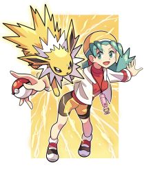 Rule 34 | 1girl, :d, bike shorts, commentary request, creatures (company), cropped jacket, electricity, eyelashes, game freak, gen 1 pokemon, green eyes, green hair, hat, highres, holding, holding poke ball, jacket, jolteon, kris (pokemon), long hair, nintendo, open mouth, outstretched arms, poke ball, poke ball (basic), pokemon, pokemon (creature), pokemon gsc, red shirt, shirt, shoes, smile, sutokame, white footwear, white jacket, yellow headwear
