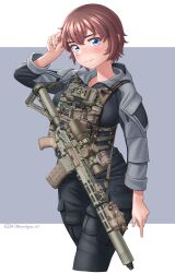 Rule 34 | 1girl, absurdres, ar-15, artist name, black jacket, black pants, blue eyes, blush, brown hair, cargo pants, closed mouth, cowboy shot, cropped legs, grey jacket, gun, gun sling, hand in own hair, harness, highres, jacket, kzm (sub-moa works), load bearing vest, long sleeves, looking at viewer, magazine (weapon), multicolored clothes, multicolored jacket, original, pants, red hair, rifle, scope, short hair, signature, simple background, smile, solo, standing, twitter username, two-tone jacket, weapon