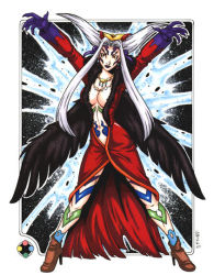 Rule 34 | 1girl, breasts, cleavage, dress, facial mark, final fantasy, final fantasy viii, full body, garret blair, gloves, jewelry, legs apart, long hair, looking at viewer, red eyes, solo, witch, ultimecia, wings, witch
