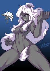 Rule 34 | 1girl, black eyes, blue background, breasts, character request, clenched hands, colored skin, completely nude, fighting stance, furry, furry female, gradient background, grey skin, grin, hair censor, hair over breasts, hand up, highres, large breasts, long hair, looking at viewer, navel, nude, original, pink hair, ryuusei (mark ii), smile, snout, solo, standing, very long hair