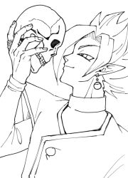 Rule 34 | 1boy, azukisan0104, bodysuit, dragon ball, dragon ball super, earrings, from side, fused zamasu, greyscale, highres, holding, holding skull, jewelry, long sleeves, looking at object, monochrome, pointy ears, potara earrings, ring, sketch, skull, smile, solo, spiked hair, white background, white hair