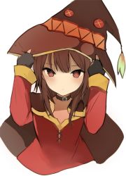 Rule 34 | 10s, 1girl, bad id, bad tumblr id, black gloves, blush, brown hair, brown hat, buckle, button eyes, buttons, cape, choker, closed mouth, fingerless gloves, frown, gloves, hat, holding, holding clothes, holding hat, kono subarashii sekai ni shukufuku wo!, looking at viewer, lpip, megumin, red eyes, red shirt, shirt, short hair with long locks, simple background, solo, stitches, tassel, tsurime, upper body, white background, witch hat
