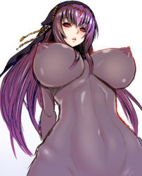 Rule 34 | 1girl, arms behind back, bodysuit, breasts, fate/grand order, fate (series), from below, large breasts, long hair, looking at viewer, looking down, navel, nipples, parted lips, purple eyes, purple hair, scathach (fate), see-through, simple background, solo, veil, white background, yamada gogogo