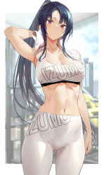Rule 34 | 1girl, absurdres, arm at side, arm up, armpits, bare arms, black hair, blue sky, blurry, blurry background, border, breasts, cleavage, cloud, collarbone, commentary request, cowboy shot, gluteal fold, high-waist pants, highres, hiiragi yuuichi, holding, holding towel, large breasts, linea alba, long hair, looking at viewer, navel, original, pants, parted bangs, parted lips, ponytail, red eyes, sidelocks, sky, solo, sports bra, sportswear, stomach, sweat, text print, towel, towel around neck, white border, white pants, white sports bra, white towel, wiping, yoga pants