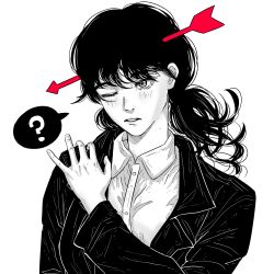 Rule 34 | 1girl, ?, absurdres, arrow (projectile), arrow in body, arrow in head, black hair, blush, chainsaw man, collared shirt, highres, jacket, long hair, low twintails, mitaka asa, monochrome, object through head, one eye closed, parted lips, raggumba, shirt, solo, spoken question mark, twintails, upper body