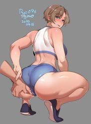 Rule 34 | 1girl, 2020, agawa ryou, arched back, artist name, ass, ass grab, bare shoulders, blue eyes, breasts, brown hair, clenched teeth, commentary, dated, disembodied limb, embarrassed, from behind, grey background, groping, large breasts, looking at viewer, looking back, molestation, original, signature, simple background, sportswear, squatting, sweat, teeth, thick thighs, thighs