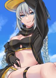 Rule 34 | 1girl, akio (akio1124), bikini, black bikini, black gloves, black hat, blue eyes, braid, breasts, fate/grand order, fate (series), gloves, grey hair, hat, highres, large breasts, long hair, looking at viewer, morgan le fay (fate), shorts, sidelocks, smile, solo, swimsuit, thighs, twin braids, very long hair, witch hat
