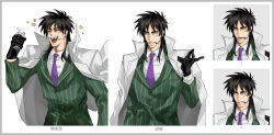 Rule 34 | 1boy, beer can, black eyes, black gloves, black hair, can, closed eyes, coat, collared shirt, commentary request, drink can, expressions, facial scar, formal, gloves, green jacket, headset, highres, holding, holding can, houlong siche, itou kaiji, jacket, kaiji, long hair, male focus, medium bangs, multiple views, necktie, one eye closed, open mouth, purple necktie, scar, scar on cheek, scar on face, shirt, simple background, smile, striped clothes, striped jacket, suit, upper body, vertical-striped clothes, vertical-striped jacket, white background, white coat, white shirt