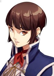 Rule 34 | 1girl, absurdres, blunt bangs, brown eyes, brown hair, coat, eyeliner, highres, isabeau (megami tensei), kerchief, lipstick, looking to the side, makeup, parted lips, shin megami tensei, shin megami tensei iv, short hair, simple background, smile, solo, x xith x