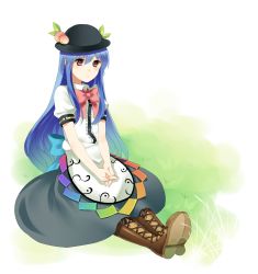 Rule 34 | 1girl, :/, bad id, bad pixiv id, blue hair, boots, bow, bowtie, cross-laced footwear, dress, female focus, food, fruit, garigarigari, grass, own hands clasped, hat, highres, hinanawi tenshi, interlocked fingers, lace-up boots, long hair, own hands together, peach, red eyes, sitting, solo, touhou