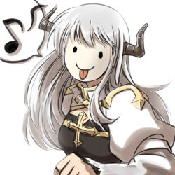 Rule 34 | 1girl, arch bishop (ragnarok online), black dress, breasts, brown horns, cleavage cutout, closed mouth, clothing cutout, commentary request, cross, dress, emoticon, grey hair, horns, juliet sleeves, long hair, long sleeves, masked, medium breasts, musical note, natsuya (kuttuki), puffy sleeves, ragnarok online, simple background, smile, solid circle eyes, solo, spoken musical note, tongue, tongue out, two-tone dress, upper body, white background, white dress