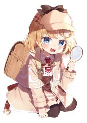 Rule 34 | 1girl, :d, aged down, backpack, bag, blonde hair, blue eyes, blush, bob cut, brown capelet, brown hat, brown jacket, brown skirt, brown thighhighs, capelet, collared shirt, deerstalker, hat, high-waist skirt, highres, holding, holding magnifying glass, hololive, hololive english, jacket, long sleeves, looking at viewer, magnifying glass, medium hair, necktie, noi mine, open clothes, open jacket, open mouth, plaid, plaid skirt, red necktie, shirt, skirt, smile, solo, thighhighs, virtual youtuber, watson amelia, white shirt