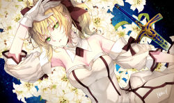 Rule 34 | 1girl, ahoge, artoria pendragon (all), artoria pendragon (fate), bare shoulders, blonde hair, bow, caliburn (fate), detached sleeves, dress, easter lily, fate/unlimited codes, fate (series), flower, gloves, green eyes, hachini, hair bow, hand on own head, lily (flower), ponytail, saber (fate), saber lily, solo, sword, weapon, white flower