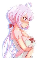 Rule 34 | 10s, 1girl, ahoge, blush, breasts, casino (casinoep), cleavage, female focus, from side, highres, large breasts, long hair, open mouth, purple eyes, purple hair, senki zesshou symphogear, simple background, solo, twintails, white background, yukine chris