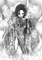 Rule 34 | 1girl, armor, bruise, bruise on face, bunbun, cryokinesis, fanatio, fanatio synthesis two, flower, greyscale, hair between eyes, highres, holding, holding sword, holding weapon, ice, injury, monochrome, novel illustration, official art, open mouth, rose, solo, spoilers, standing, sword, sword art online, weapon