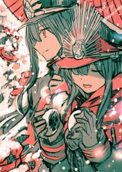 Rule 34 | 1boy, 1girl, :d, black hair, breath, brother and sister, closed mouth, commentary request, dumpling, closed eyes, fate/grand order, fate (series), food, gloves, grey gloves, hair between eyes, hat, holding, limited palette, long hair, long sleeves, oda nobukatsu (fate), oda nobunaga (fate), oda nobunaga (koha-ace), open mouth, peaked cap, red scarf, rioka (southern blue sky), scarf, siblings, smile, snow, unfinished