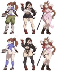 Rule 34 | aerith gainsborough, alternate costume, artist name, ass, black hair, breasts, brown hair, cleavage, final fantasy, final fantasy vii, final fantasy vii remake, gun, jessie rasberry, large breasts, leotard, long hair, mikeymegamega, skirt, square enix, thick thighs, thighhighs, thighs, tifa lockhart, weapon, wide hips, youtube logo