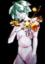 Rule 34 | 1other, black background, closed eyes, completely nude, cowboy shot, doll joints, eyelashes, facing down, flower, glowing, green hair, hand on own chest, highres, houseki no kuni, joints, keyahorse, nude, other focus, phosphophyllite, puppet, red flower, roots, short hair, simple background, solo, yellow flower