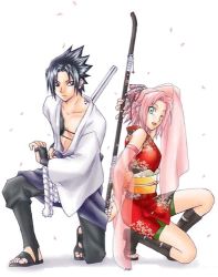 Rule 34 | artist request, couple, haruno sakura, lowres, naruto, naruto (series), pink hair, staff, sword, uchiha sasuke, weapon