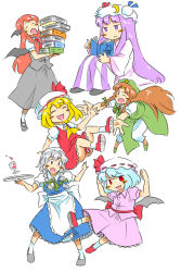 Rule 34 | &gt;:d, 6+girls, :d, :o, ;o, ^ ^, apron, bat wings, beret, blonde hair, blouse, blue dress, blue eyes, blue hair, blush, blush stickers, book, book stack, bow, braid, china dress, chinese clothes, clenched hands, closed eyes, crescent, dress, dress shirt, embodiment of scarlet devil, expressionless, flandre scarlet, glass, hair ribbon, happy, hat, head wings, highres, holding, holding book, hong meiling, izayoi sakuya, kieeyo, koakuma, large bow, loafers, long hair, long sleeves, low-tied long hair, low wings, maid, maid apron, maid headdress, multiple girls, necktie, one eye closed, open book, open mouth, outstretched arms, pants, pants under dress, patchouli knowledge, purple dress, purple eyes, purple hair, reaching, reaching towards viewer, reading, red eyes, red hair, remilia scarlet, ribbon, shirt, shoes, short hair, short sleeves, side braid, silver hair, simple background, sitting, skirt, skirt set, smile, socks, spilling, spread arms, star (symbol), striped clothes, striped dress, touhou, tray, tress ribbon, twin braids, v-shaped eyebrows, very long hair, vest, waist apron, white background, white shirt, wings