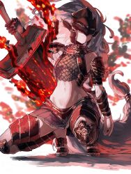Rule 34 | 1girl, absurdres, armor, armpits, bare shoulders, black nails, breasts, chainmail, commentary request, covered eyes, ekrea jan, elden ring, fire, genderswap, genderswap (mtf), grey hair, helmet, helmet over eyes, highres, huge weapon, long hair, magic, maliketh the black blade, midriff, miniskirt, navel, personification, pleated skirt, shadow, skirt, small breasts, solo, squatting, sword, tail, tiptoes, very long hair, weapon, white background, wide hips
