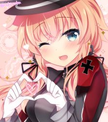 Rule 34 | 1girl, blonde hair, blue eyes, blush, gloves, hat, ichiyou moka, kantai collection, long hair, long sleeves, low twintails, military, military uniform, one eye closed, open mouth, peaked cap, prinz eugen (kancolle), smile, solo, twintails, twitter username, uniform, white gloves
