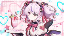 Rule 34 | 1girl, absurdres, anqing, black gloves, cup, drink, drinking glass, eyepatch, food, from side, fruit, gloves, hand up, heart, highres, holding, holding plate, looking at viewer, looking to the side, maria marionette, multicolored hair, nijisanji, nijisanji en, pink background, pink hair, plate, puffy short sleeves, puffy sleeves, purple eyes, purple hair, shirt, short sleeves, solo, strawberry, streaked hair, striped clothes, striped shirt, twintails, upper body, vertical-striped clothes, vertical-striped shirt, virtual youtuber, white shirt