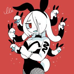 Rule 34 | 1girl, animal ears, blush, breasts, rabbit ears, rabbit tail, choker, cleavage, colored skin, fake animal ears, fang, female focus, fishnets, snake hair, hair over one eye, highres, leotard, monster girl, open mouth, original, panapana, pantyhose, playboy bunny, red background, red eyes, simple background, snake hair, solo, squiggle, strapless, strapless leotard, tail, tattoo, white hair, white skin