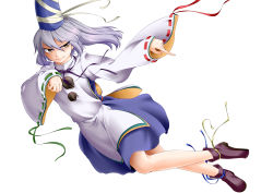Rule 34 | &gt;:), 0-den, 1girl, absurdres, blue ribbon, blue skirt, brown eyes, full body, green ribbon, hat, highres, japanese clothes, kariginu, long sleeves, mononobe no futo, pointing, pom pom (clothes), ponytail, red ribbon, ribbon, ribbon-trimmed sleeves, ribbon trim, silver hair, skirt, smile, solo, tate eboshi, touhou, tsurime, v-shaped eyebrows, white background, wide sleeves, yellow ribbon