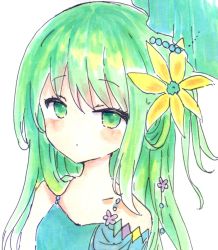 Rule 34 | 1girl, bad id, bad pixiv id, bare shoulders, blue dress, blush, closed mouth, dress, flower, green eyes, green hair, hair between eyes, hair flower, hair ornament, long hair, looking at viewer, original, purple flower, simple background, sleeveless, sleeveless dress, solo, tsukiyo (skymint), upper body, white background, yellow flower