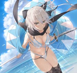 Rule 34 | 1girl, ahoge, bare arms, bare shoulders, bikini, black scarf, black thighhighs, blue sky, breasts, brown eyes, cleavage, closed mouth, cloud, commentary request, fate/grand order, fate (series), half updo, haori, hayashi kewi, highleg, highleg bikini, holding, holding sword, holding weapon, japanese clothes, katana, koha-ace, large breasts, looking at viewer, navel, ocean, okita souji (fate), okita souji alter (fate), outdoors, rope, scarf, sheath, sheathed, short hair, silver hair, sky, smile, solo, stomach, sunlight, swimsuit, sword, thighhighs, thighs, water, weapon, white bikini