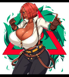Rule 34 | 1girl, absurdres, alecto 0, belt, black pants, blue eyes, breasts, brown belt, clenched hand, dark-skinned female, dark skin, fighting stance, giovanna (guilty gear), gold belt, guilty gear, guilty gear strive, hair over one eye, high-waist pants, highres, huge breasts, large breasts, letterboxed, pants, police badge, suspenders, thighs, triangle, white background